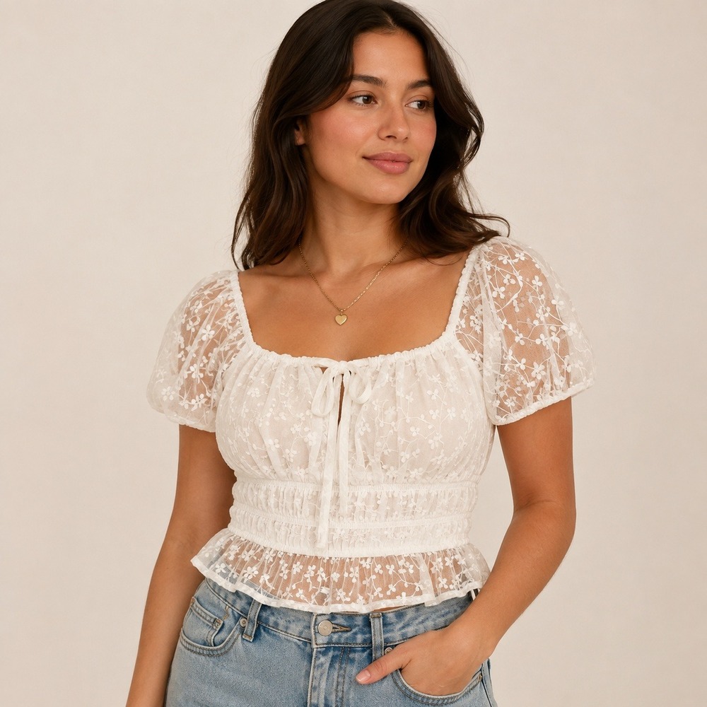 Japna White Floral Embroidered Mesh Smocked Puff Sleeve Crop Top XL Fairy Dainty